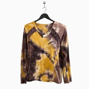 GiGiO- Purple & Mustard Tie-Dye Long Sleeve V-Neck Top, Size Medium